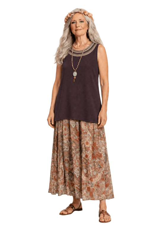 1970s Deep Burgundy Rayon Blend Sleeveless Top - Model