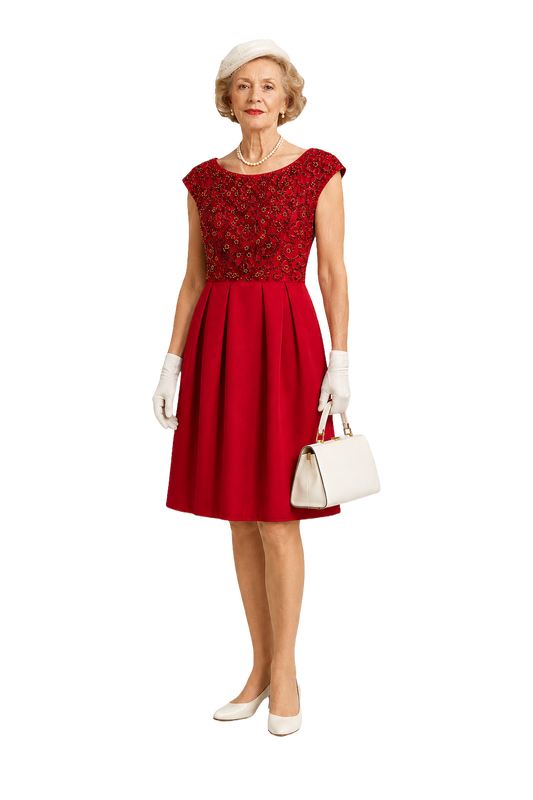 1950s Crimson Red Satin Dress - Model