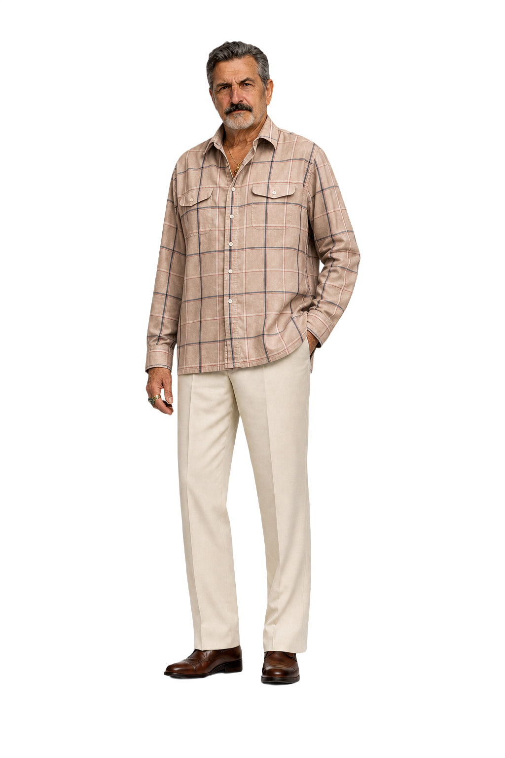 1980s Beige Plaid Cotton Blend Shirt - Model