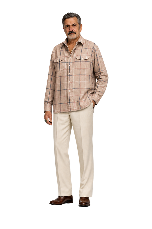 1980s Beige Plaid Cotton Blend Shirt - Model