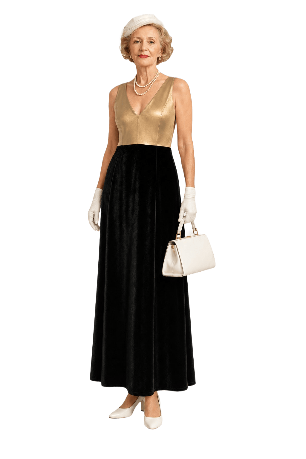 1950s Gold Satin Velvet Maxi Dress - Model
