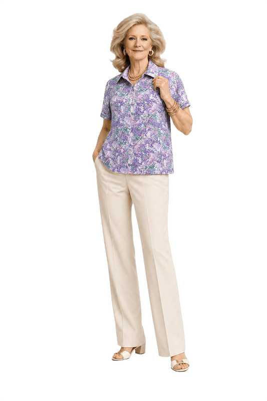 1970s Purple Floral Cotton Blend Blouse - Model