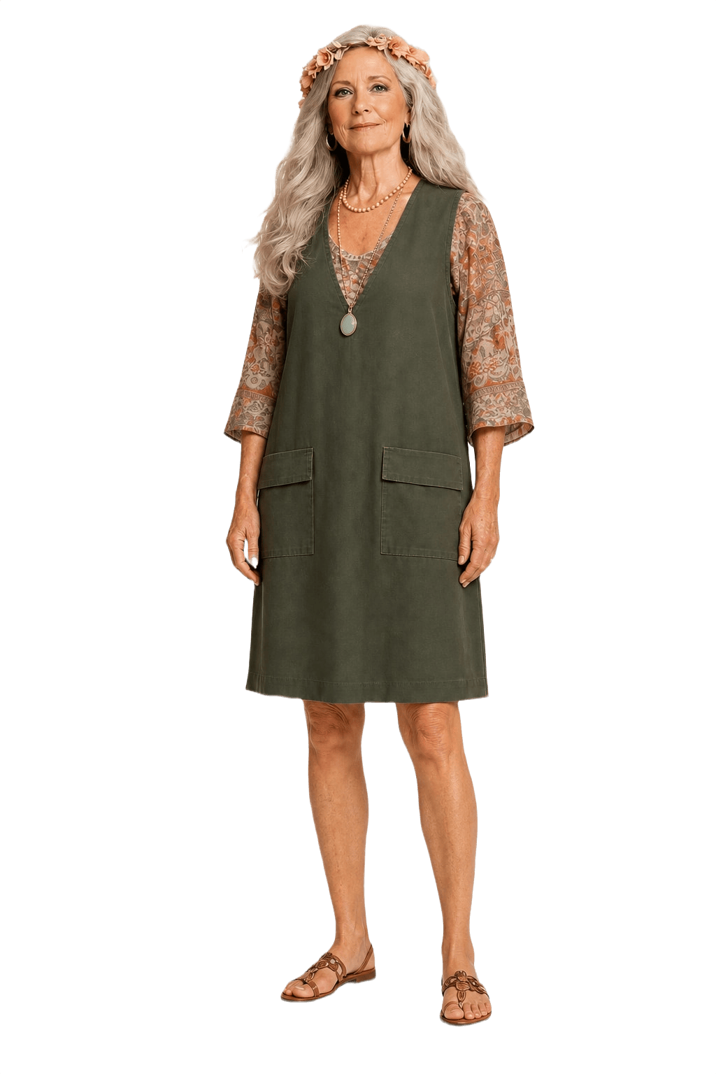1970s Dark Olive Green Cotton Blend Shift Dress - Model