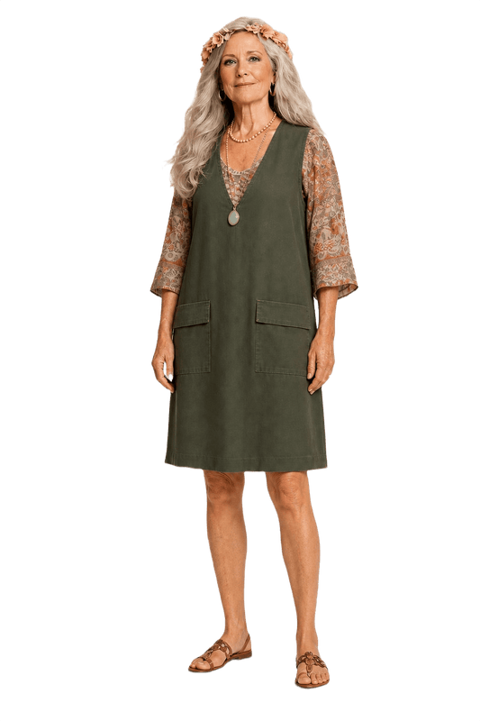 1970s Dark Olive Green Cotton Blend Shift Dress - Model