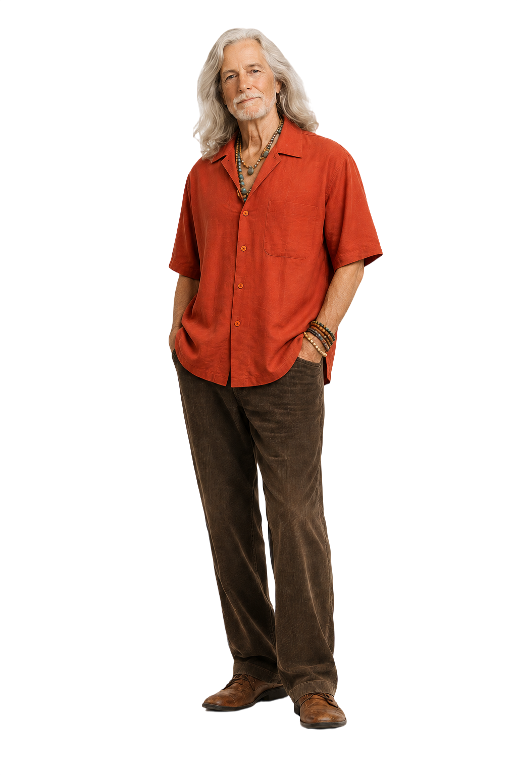 1970s Orange Cotton Blend Camp Collar Shirt - Model