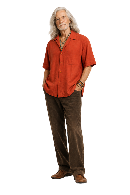 1970s Orange Cotton Blend Camp Collar Shirt - Model