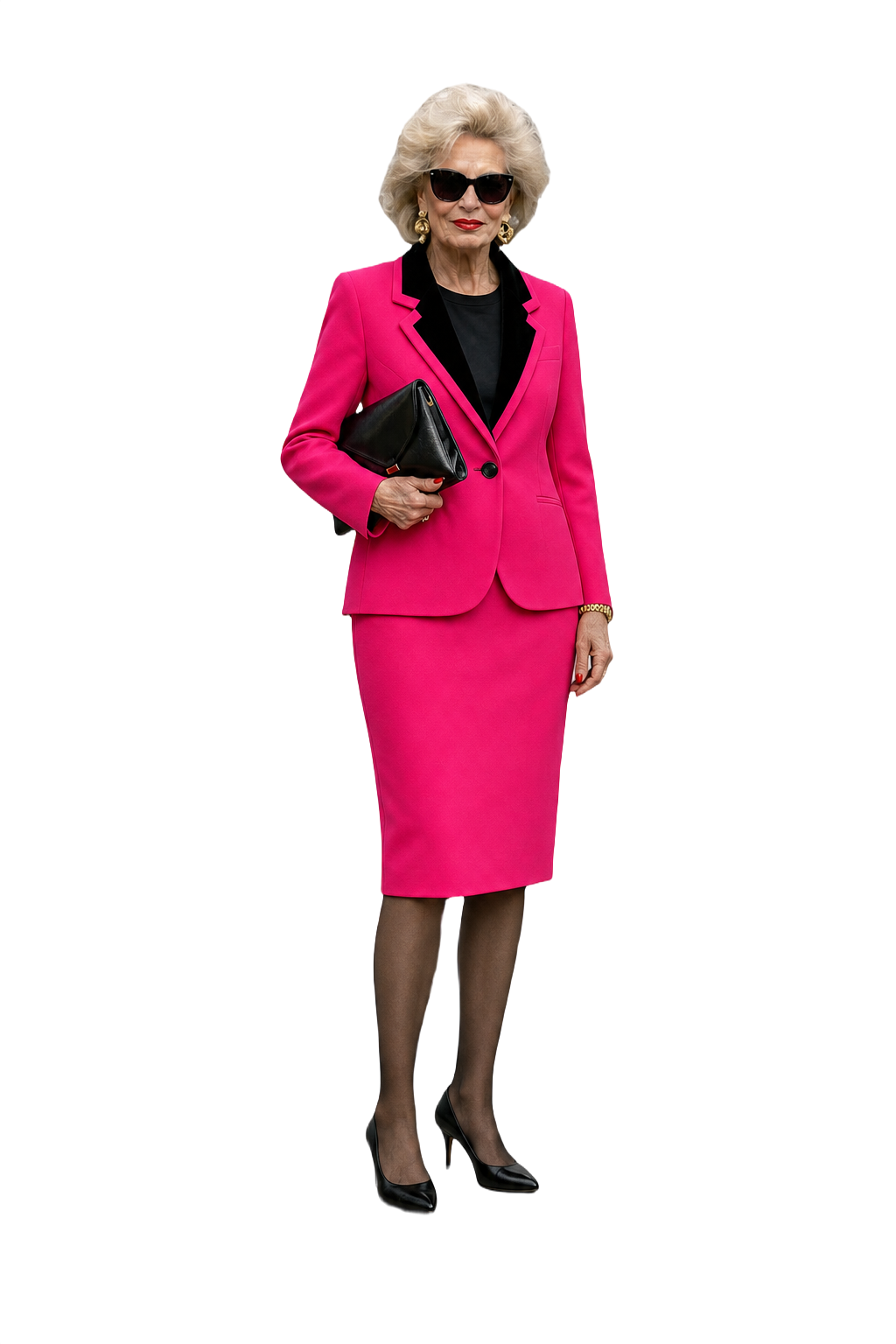 1980s Bright Pink Polyester Blazer + Skirt Set - Model
