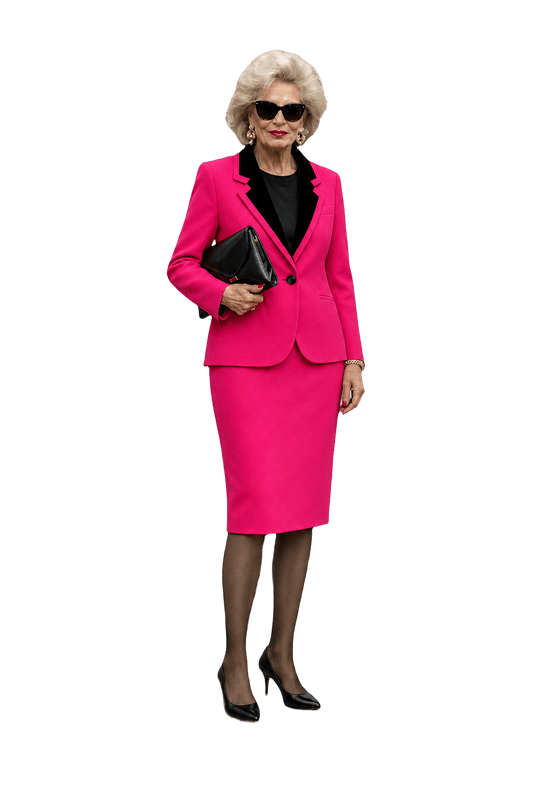 1980s Bright Pink Polyester Blazer + Skirt Set - Model