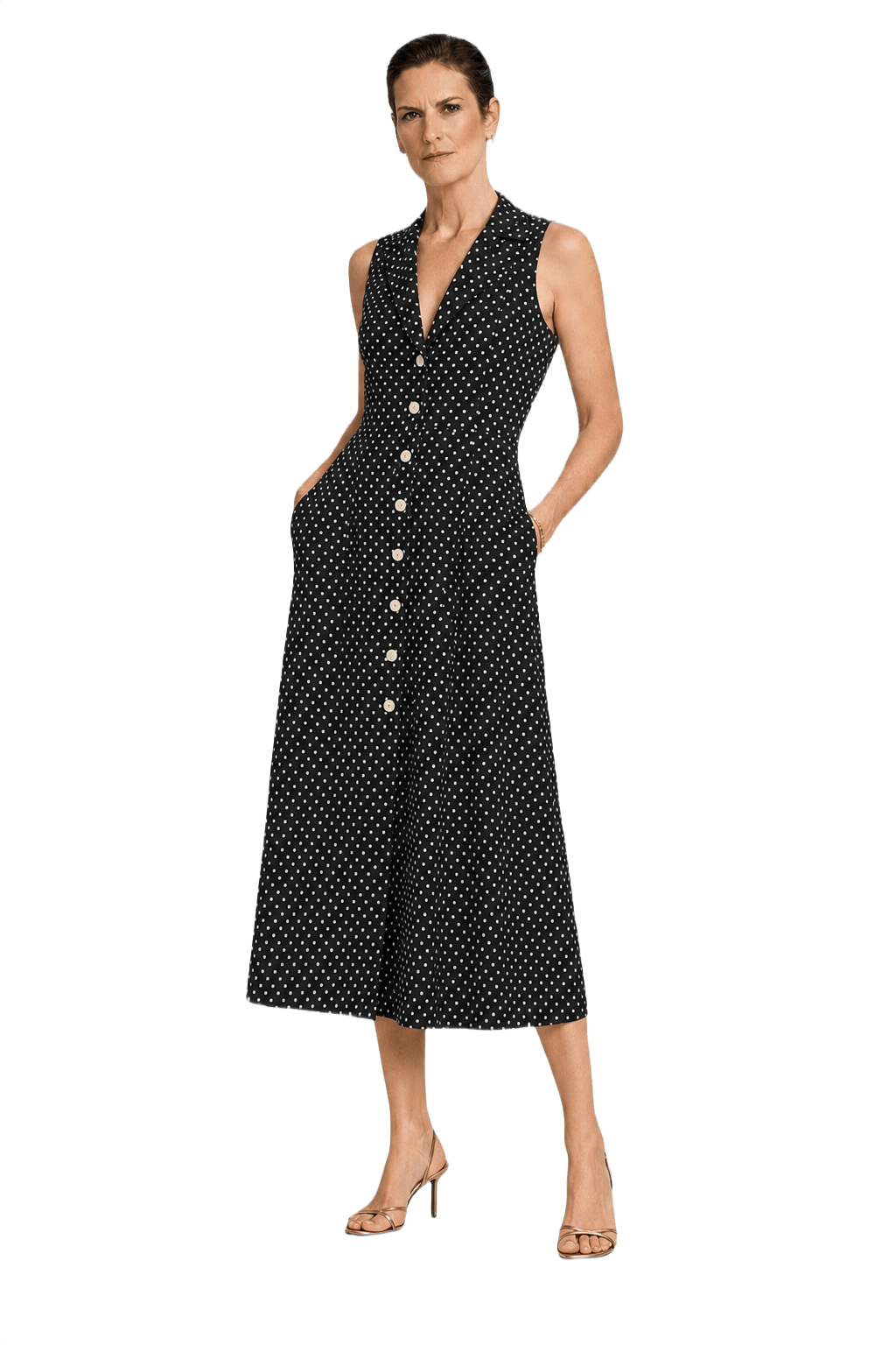 1990s Black White Polyester Midi Dress - Model