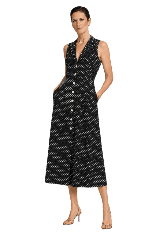 1990s Black White Polyester Midi Dress - Model