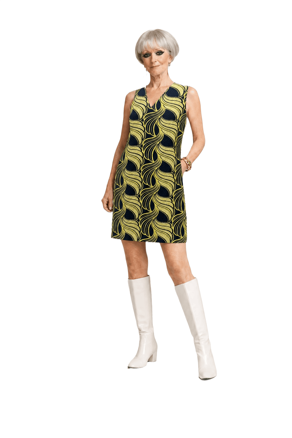 1960s Yellow Textured Shift Dress - Model
