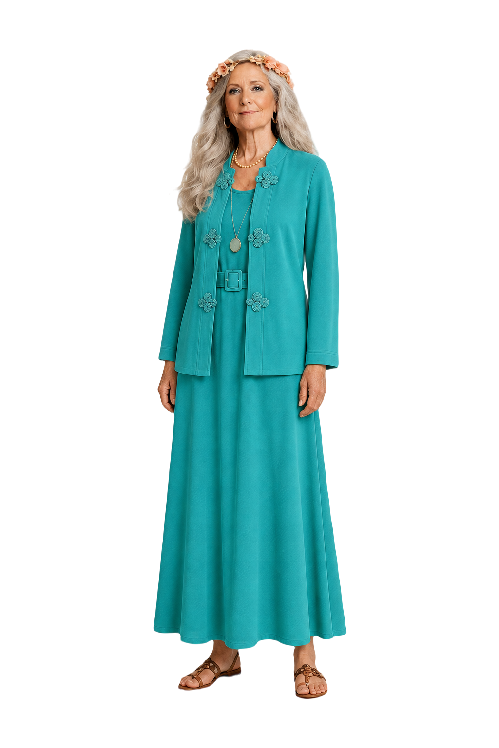 1970s Turquoise Cotton Blend Blazer and Maxi Dress Set - Model