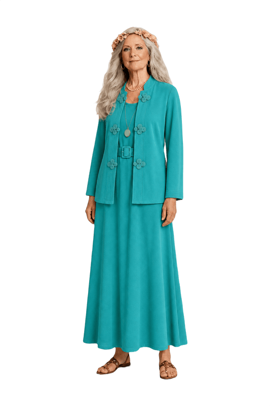 1970s Turquoise Cotton Blend Blazer and Maxi Dress Set - Model