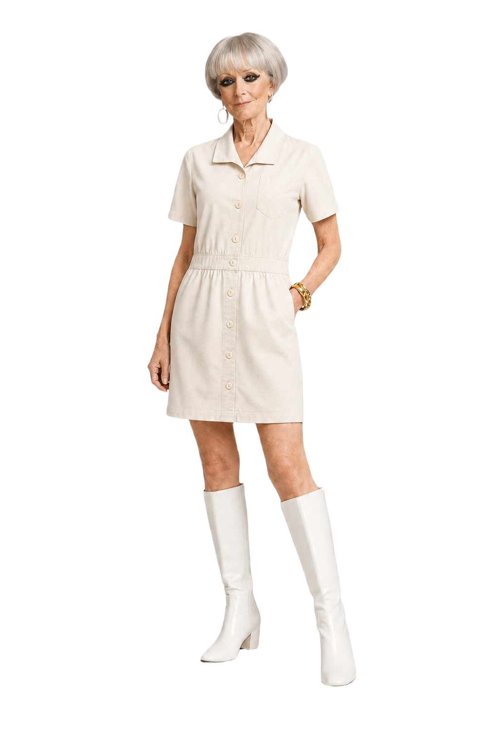 1960s Cream White Cotton Blend Dress - Model