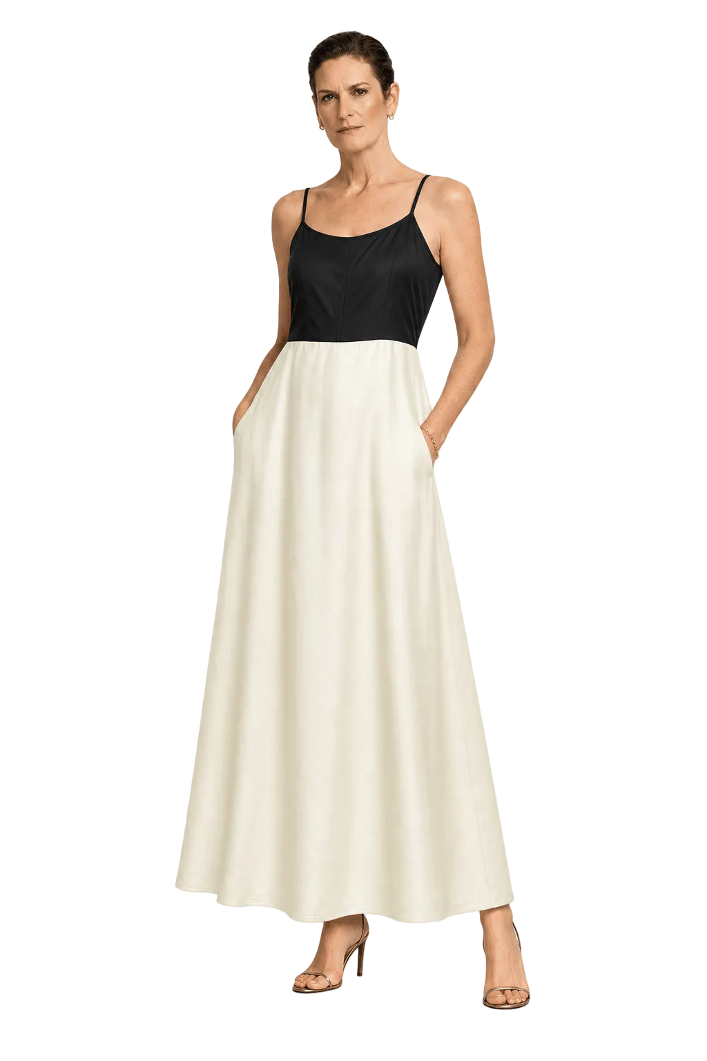 1990s Black Cream Synthetic Maxi Dress - Model