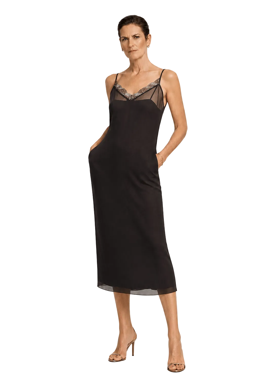 1990s Black Nylon Slip Dress - Model