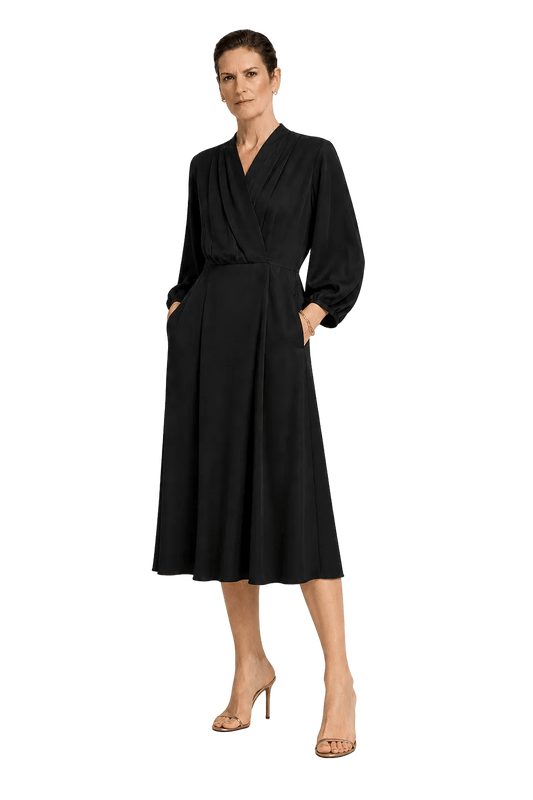1990s Black Silk Blend Wrap Dress - Model