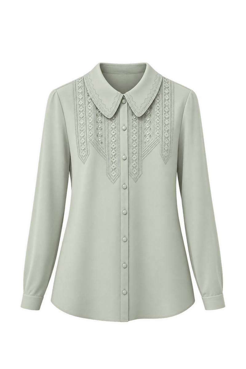 1970s Mint Green Polyester Blouse - Front View