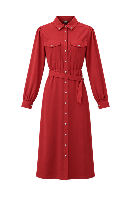 1990s Red Cotton Shirt Dress - Front View