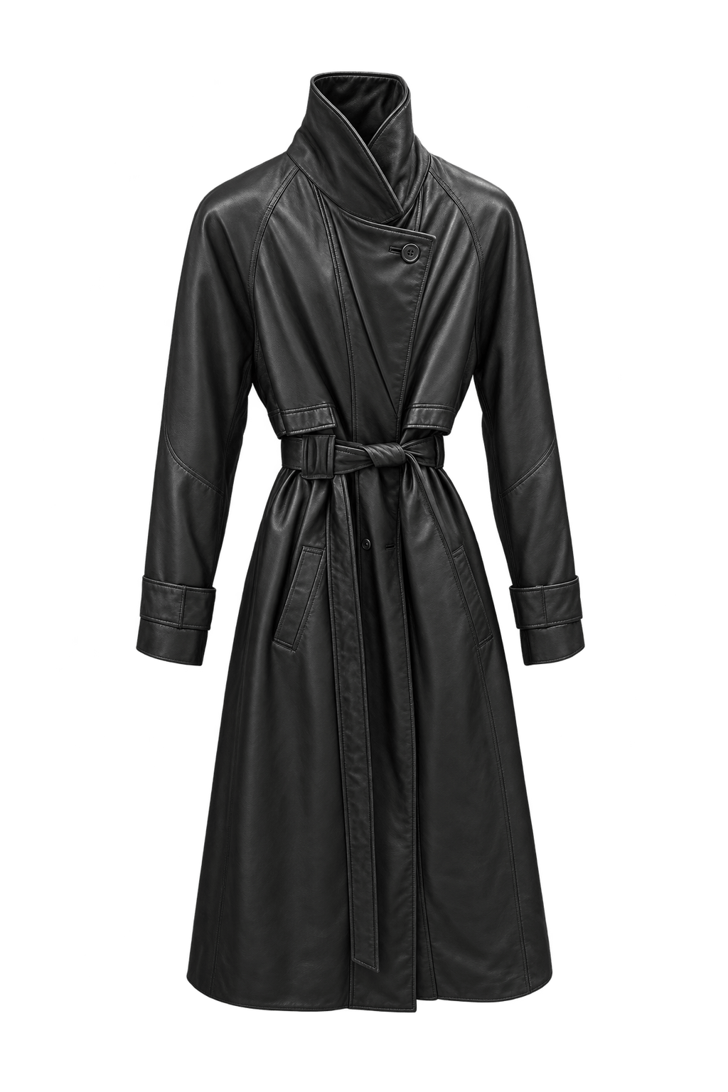 1980s Black Leather Trench Coat - Front View