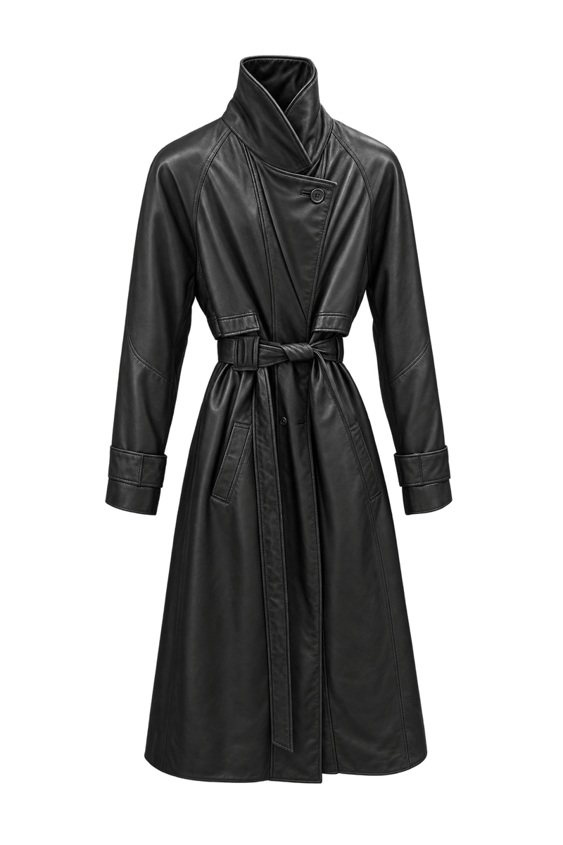 1980s Black Leather Trench Coat - Front View