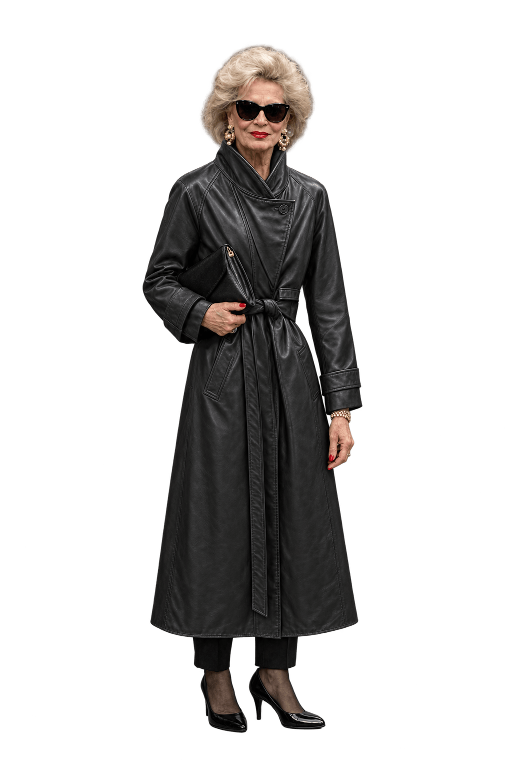 1980s Black Leather Trench Coat - Model