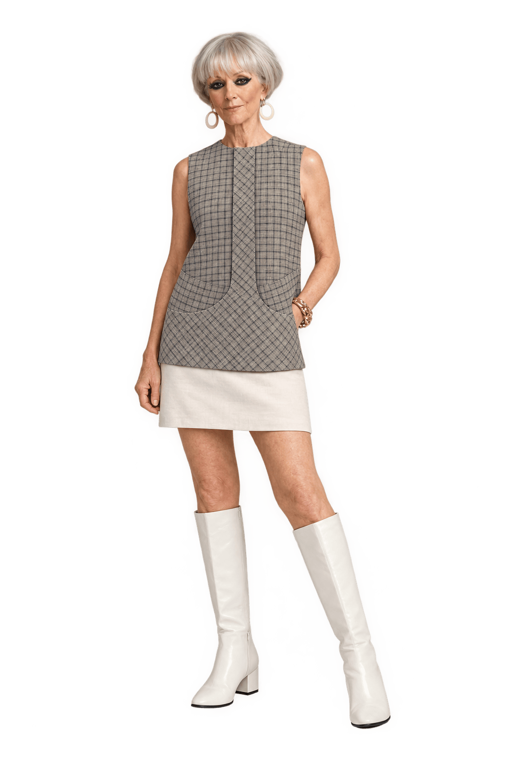 1980s Neutral Plaid Cotton Blend Sleeveless Blouse - Model