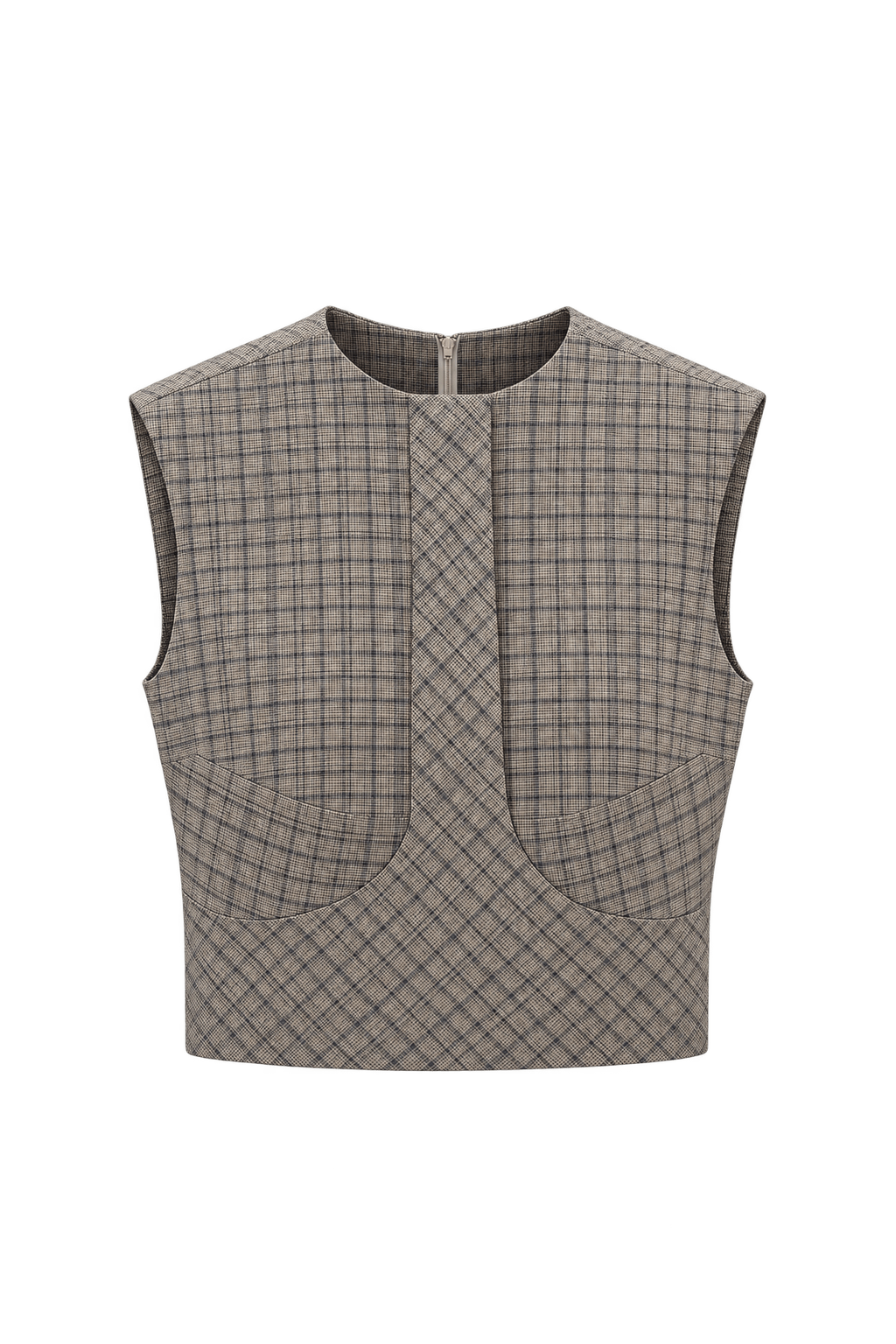 1980s Neutral Plaid Cotton Blend Sleeveless Blouse - Front View