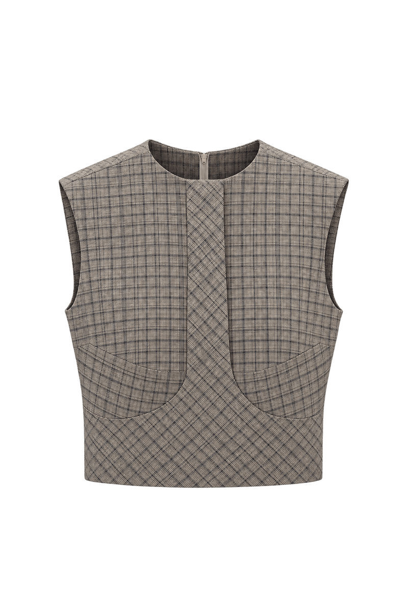 1980s Neutral Plaid Cotton Blend Sleeveless Blouse - Front View