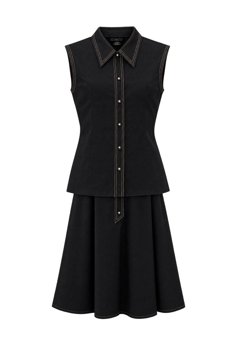 1970s Black Cotton Blend Blouse and Skirt Set - Front View