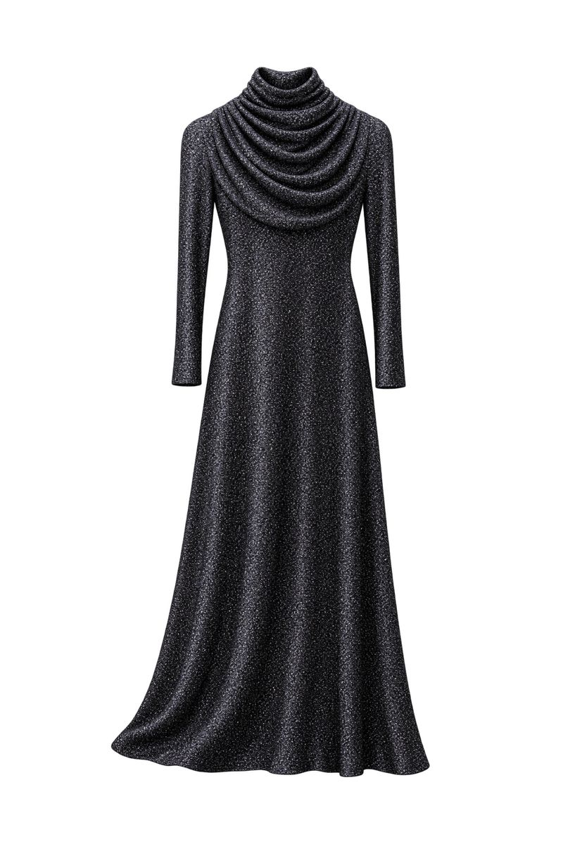 1980s Black Metallic Gown - Front View