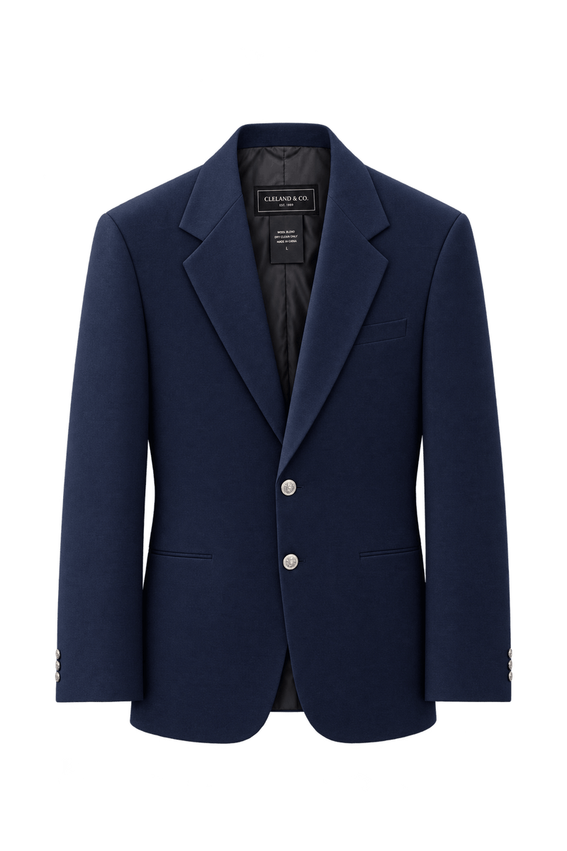 1980s Navy Blue Wool Blend Blazer - Front View