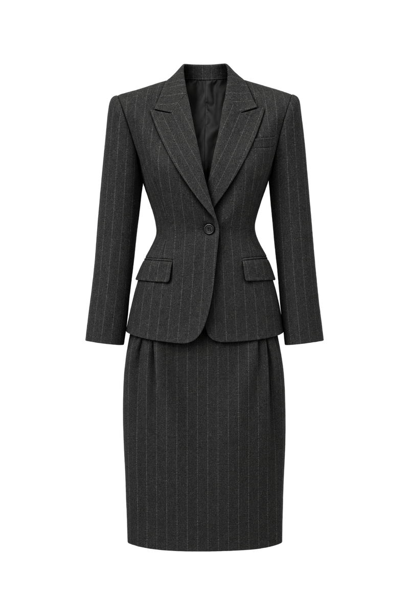1980s Charcoal Grey Wool Skirt Suit - Front View