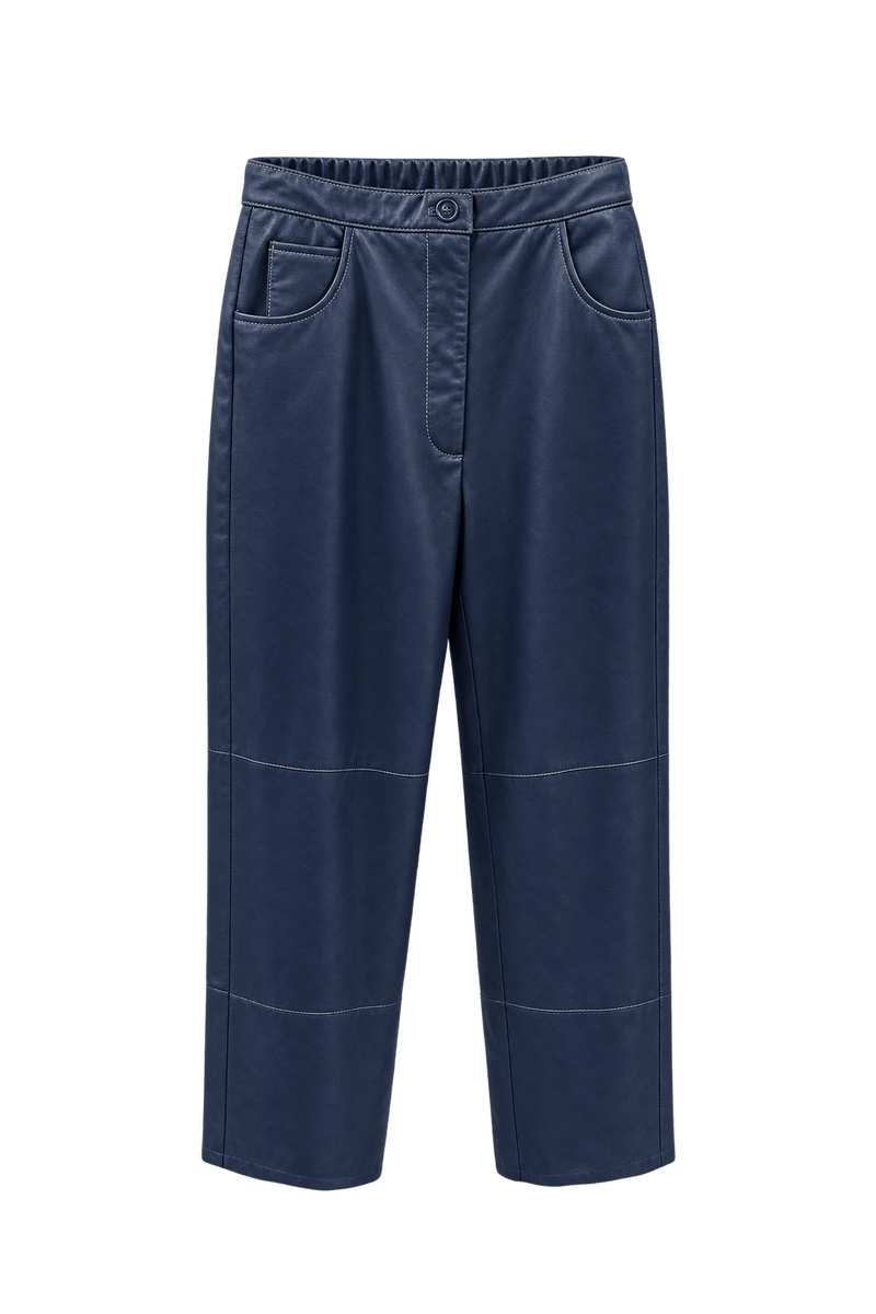 1980s Navy Blue Leather Pants - Front View