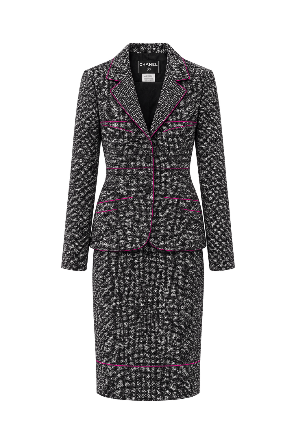 1980s Black and White Tweed Skirt Suit - Front View