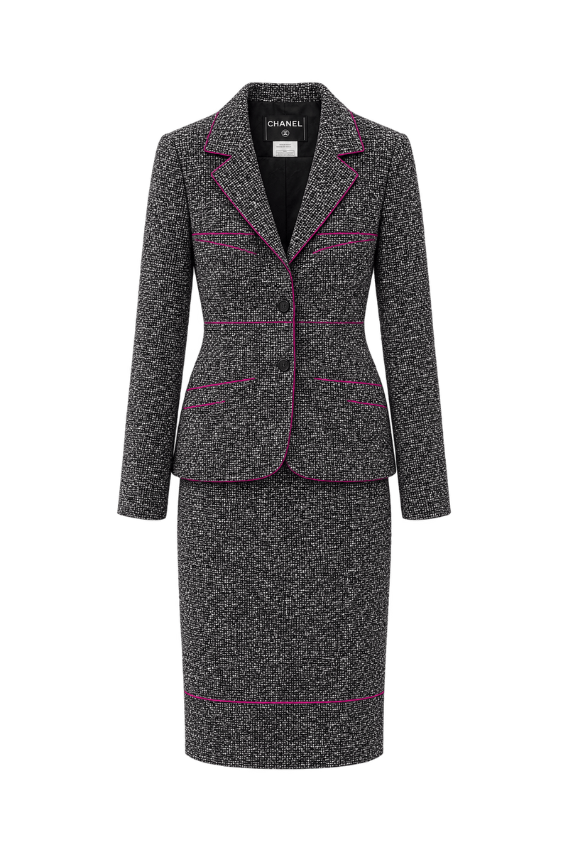 1980s Black and White Tweed Skirt Suit - Front View