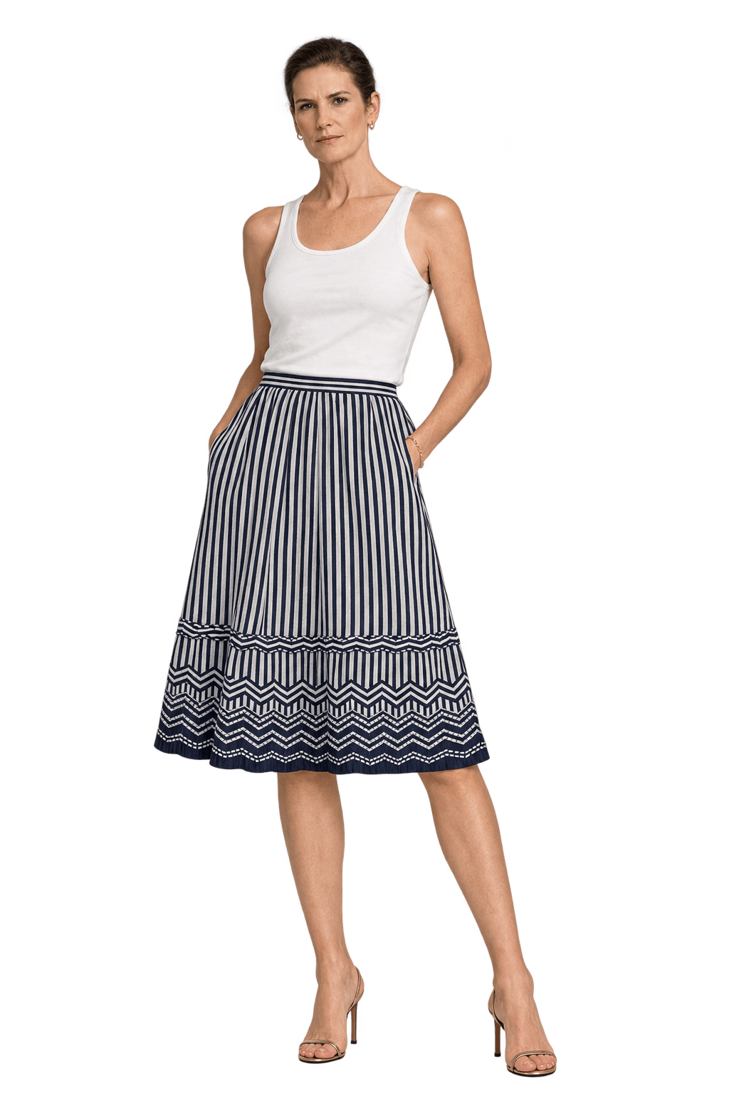 1990s White Navy Blue Polyester Skirt - Model