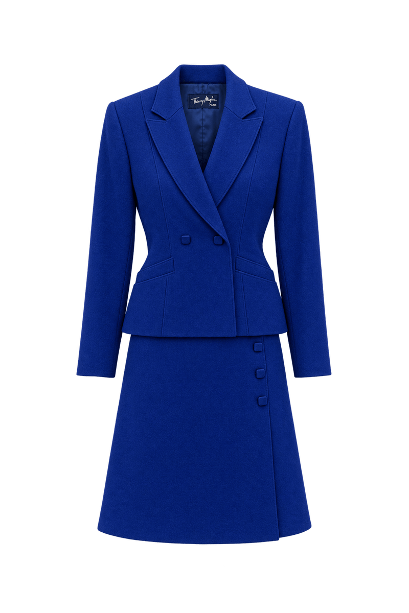 1980s Royal Blue Wool Jacket & Skirt Set - Front View
