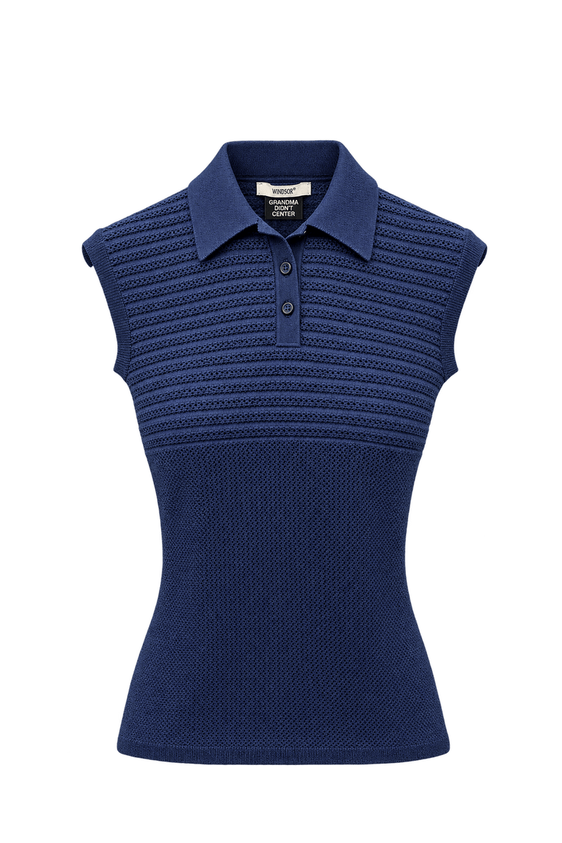 1970s Navy Blue Cotton Knit Vest - Front View