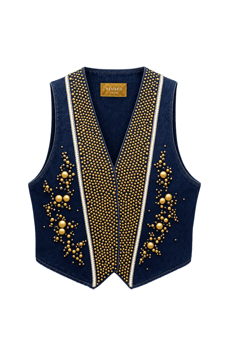 1970s Navy Blue Denim Vest - Front View