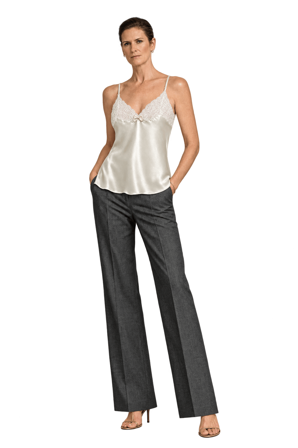 1990s Cream White Polyester Satin Camisole - Model