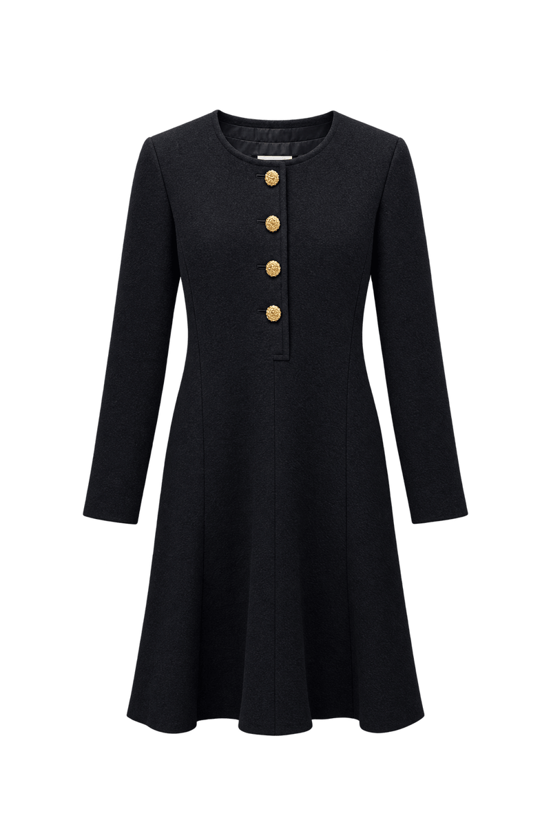 1970s Black Wool Blend Dress - Front View