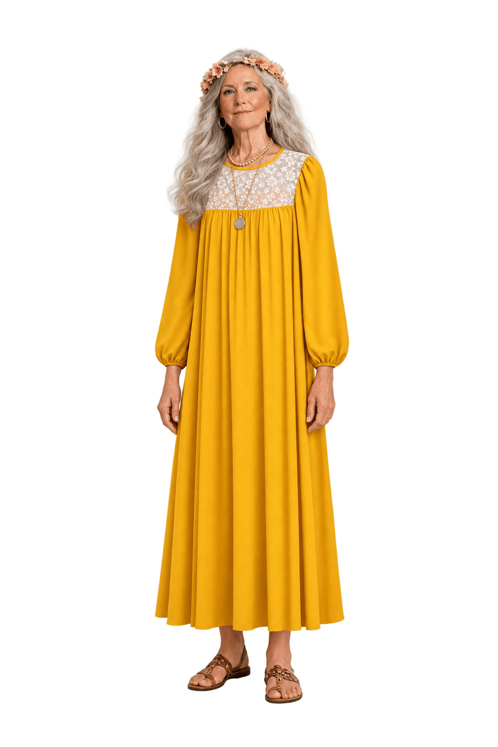 1970s Mustard Yellow Polyester Blend Maxi Dress - Model
