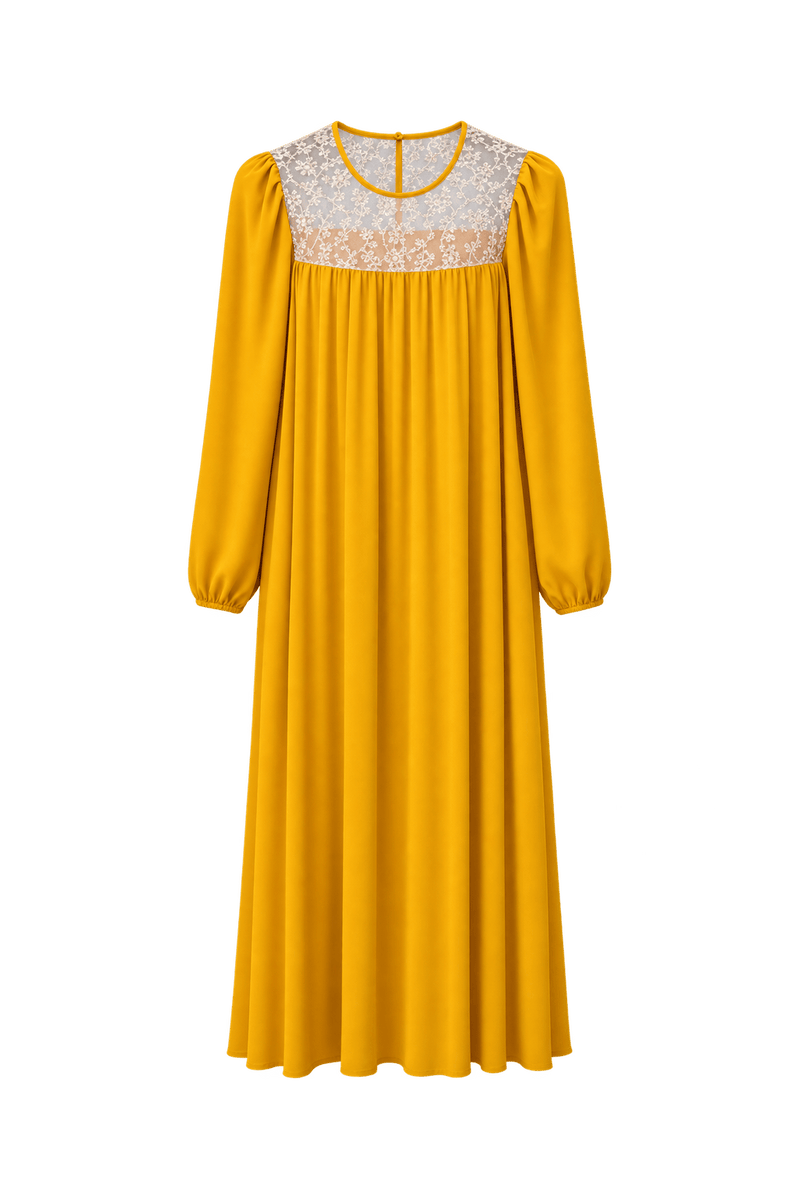 1970s Mustard Yellow Polyester Blend Maxi Dress - Front View
