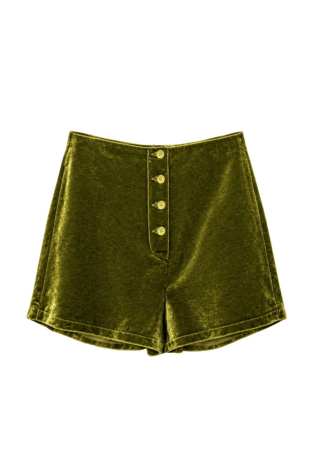 1970s Olive Green Velour Shorts - Front View