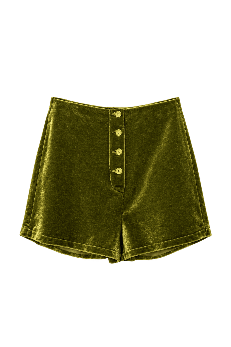 1970s Olive Green Velour Shorts - Front View