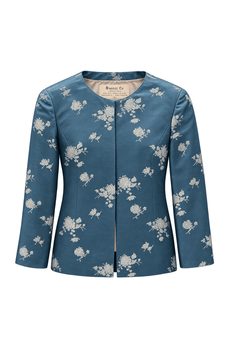 1950s Teal Blue Silk Jacket - Front View