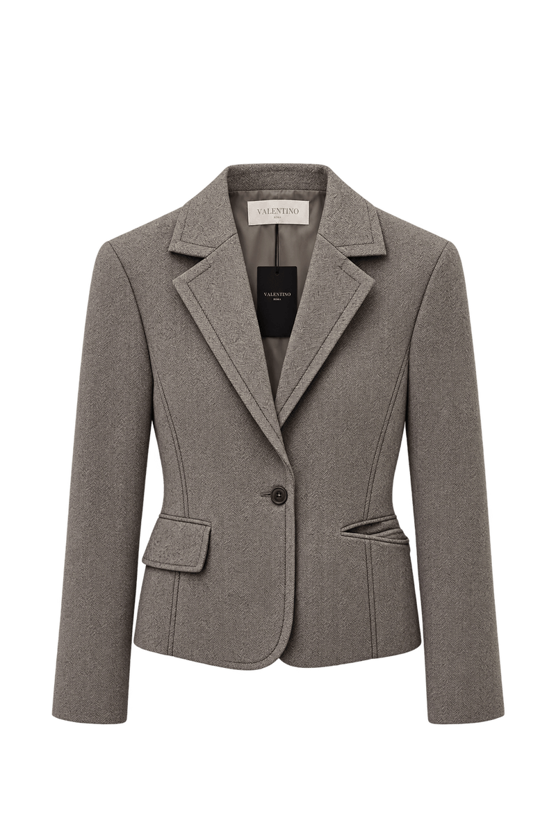 1990s Taupe Grey Wool Blend Blazer - Front View
