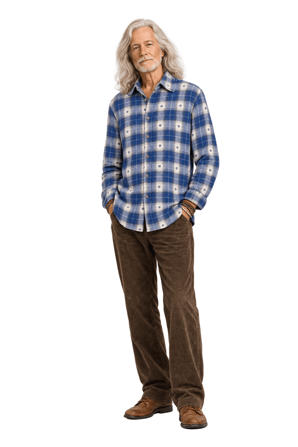 1970s Denim Blue Cotton Flannel Shirt - Model