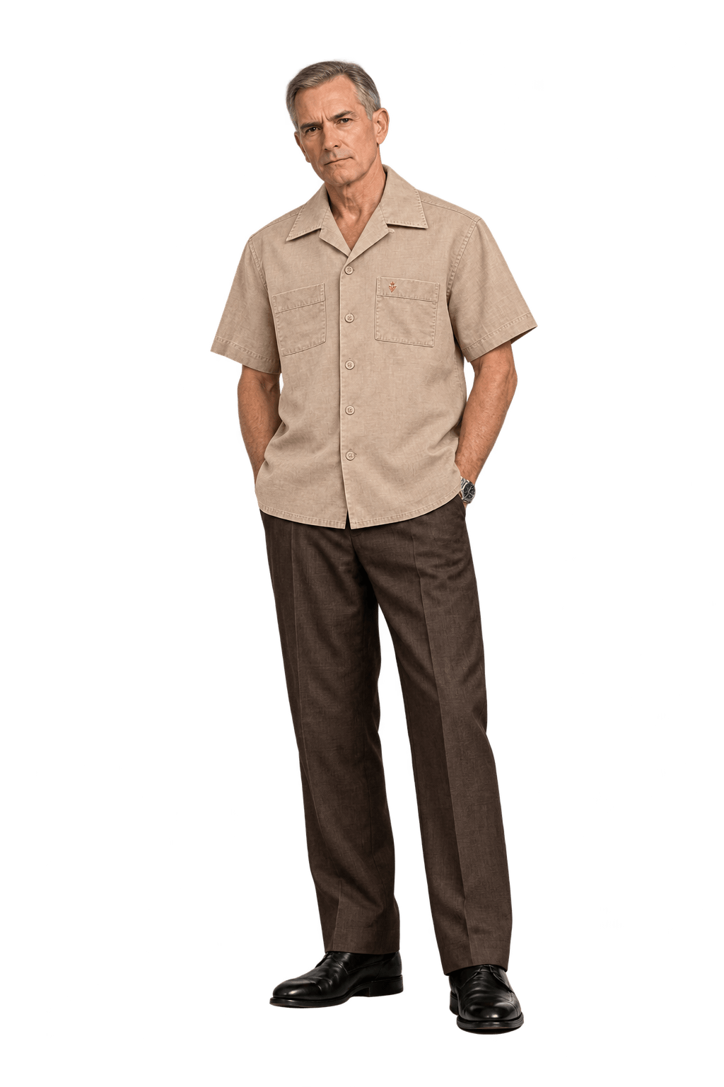 1990s Pale Peach Beige Cotton Camp Collar Shirt - Model
